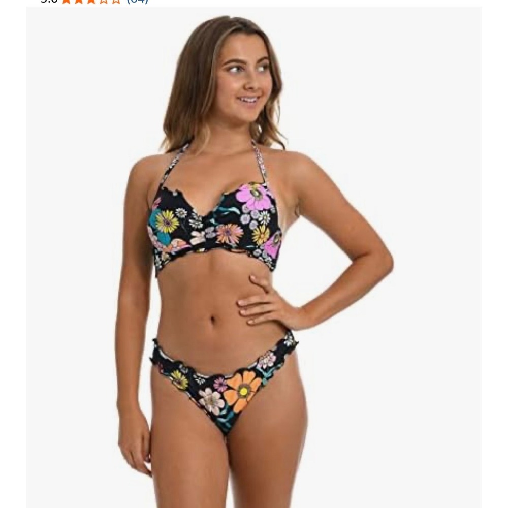Hobie Juniors Floral Peace Sign Underwire Push Up Halter Bikini Top HS2YB88 BLK